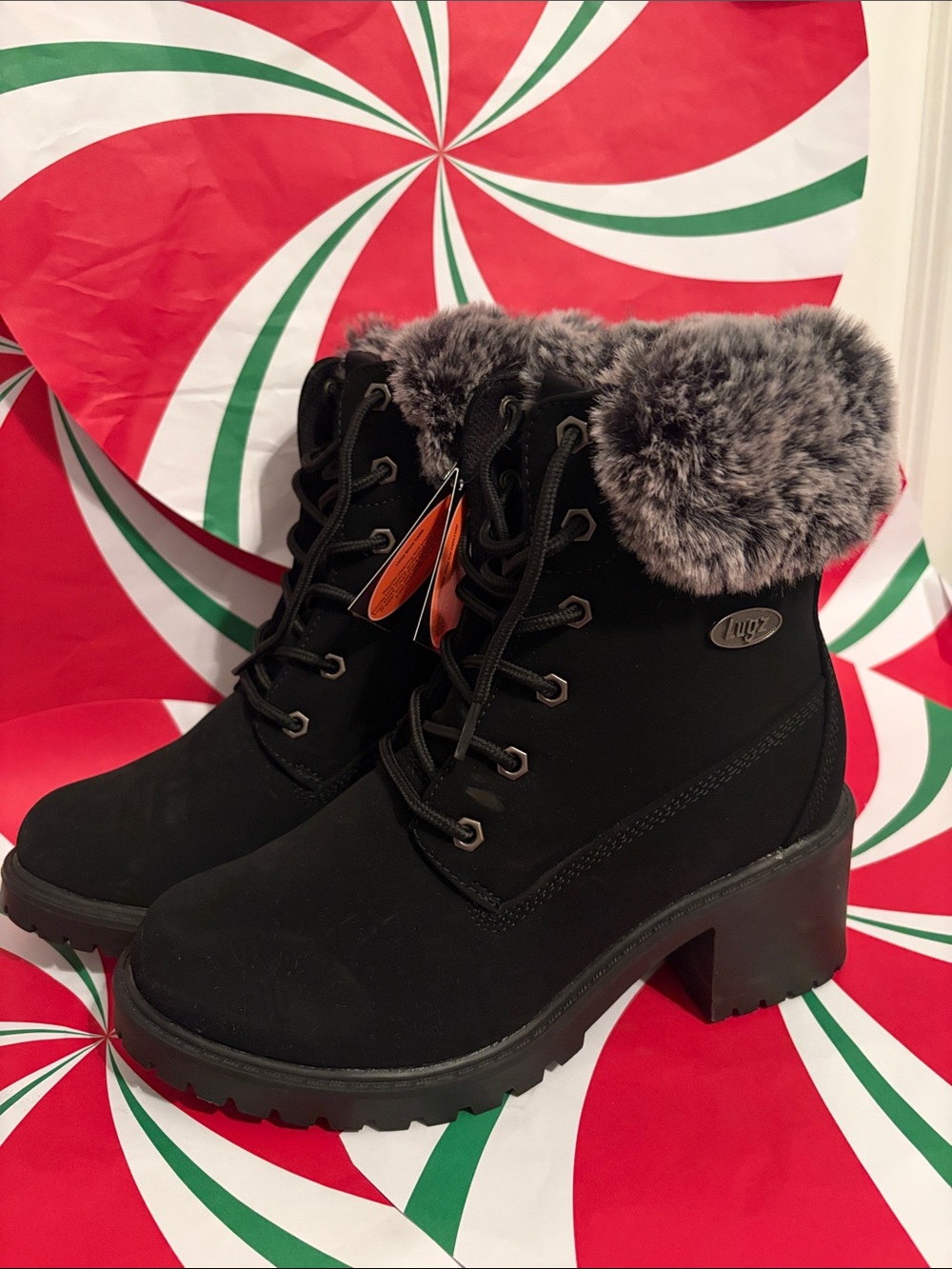 Lugz Black Lace-Up Faux Fur Cuff Block Heel Ankle Boots